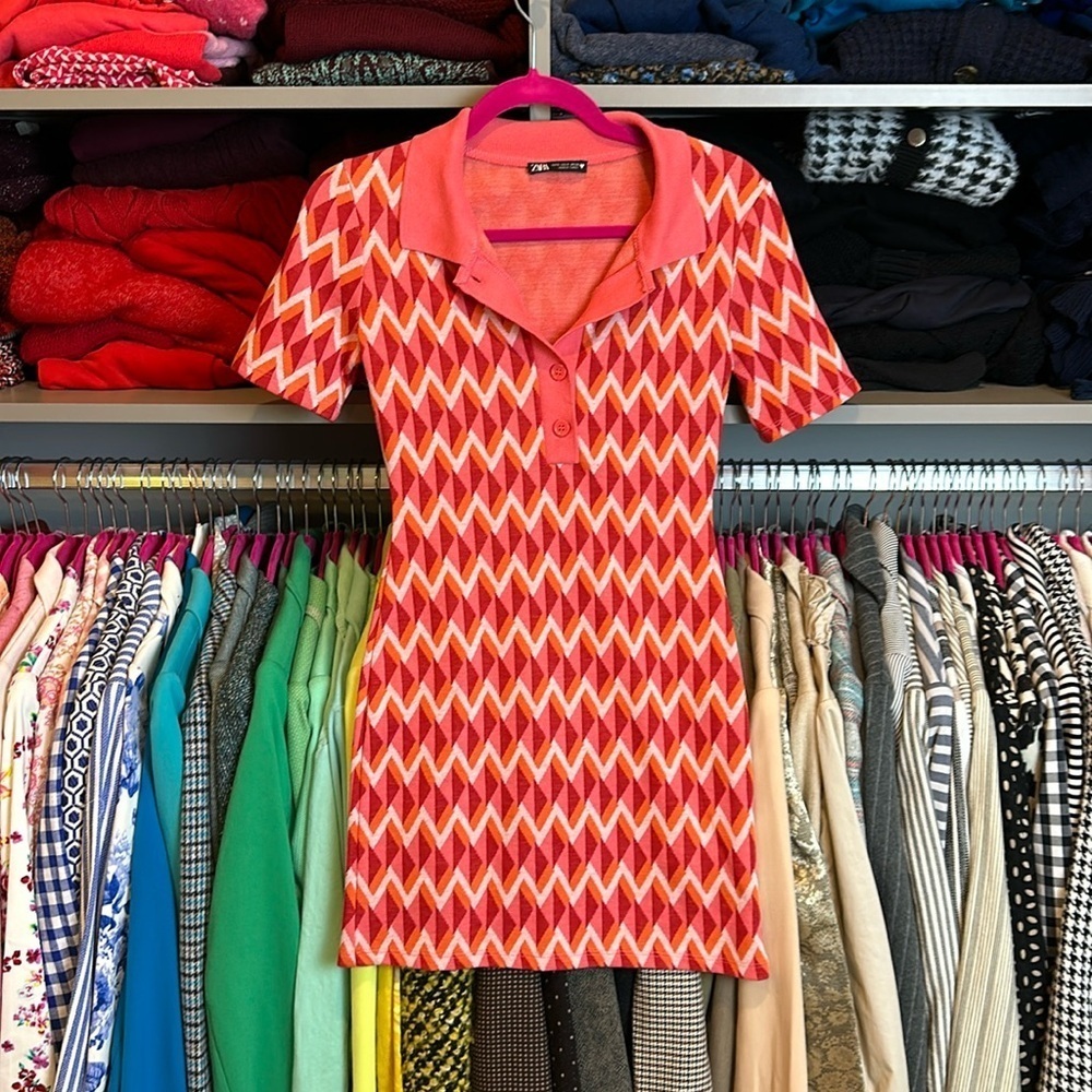 Zara orange and red collared short sleeve dress size S